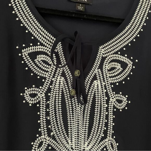 A Byer Mini Shift Dress S Navy Boho Embroidered Chiffon Split Neck - Picture 8 of 10